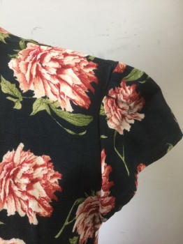 Womens, Dress, Short Sleeve, TOPSHOP, Black, White, Dk Red, Sage Green, Viscose, Floral, 4, Black with Dark Red/White/Sage Roses with Leaves Pattern, Crepe, Cap Sleeve, V-neck, Shirtwaist with Button Front, 3 Horizontal Pleats at Waist, A-Line, Hem Above Knee