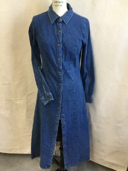 Womens, Dress, Long & 3/4 Sleeve, CHADWICKS, Blue, Cotton, Spandex, Solid, 8, Blue Denim, Collar Attached, Button Front, Long Sleeves, Flair Bottom