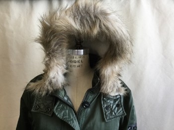 BANANA REPUBLIC, Olive Green, Polyester, Solid, 3/4 Length, with Cream Faux Sheep Lining, Attached Hood, with Lt Brown Fur Trim, Zip Front, & Large Black Button Front,, 2 Slant Pockets with Flap & Zipper, L/S, 1 with Pocket and Black Zipper, Black D-string Waist