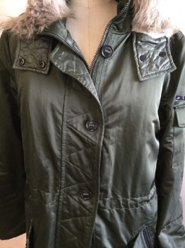 BANANA REPUBLIC, Olive Green, Polyester, Solid, 3/4 Length, with Cream Faux Sheep Lining, Attached Hood, with Lt Brown Fur Trim, Zip Front, & Large Black Button Front,, 2 Slant Pockets with Flap & Zipper, L/S, 1 with Pocket and Black Zipper, Black D-string Waist