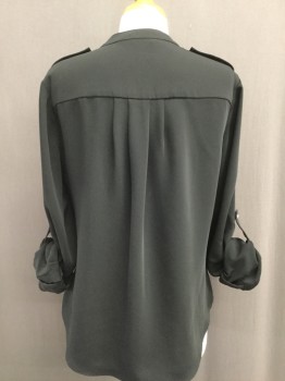 Womens, Casual Jacket, RACHEL ROY, Black, Polyester, Solid, M, Sporty Blouse/jacket, Asymmetrical  Zip Front, Snap Closed Band Collar, Pleats at Back Yoke, Epaulets, Shirt Hem, Long Sleeves, with Button Tab Cuff