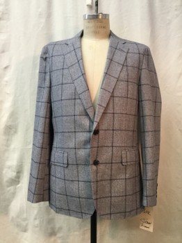 Mens, Sportcoat/Blazer, J CREW, White, Navy Blue, Cotton, Wool, Heathered, Plaid-  Windowpane, 42 R, Heather Navy, Navy Window Pane, Notched Lapel, Collar Attached, 2 Buttons,  3 Pockets,