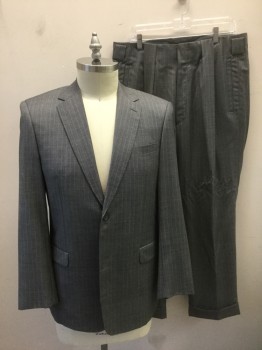 Mens, 1980s Vintage, Suit, Jacket, WOODY WILSON, Gray, Lt Blue, White, Wool, Polyester, Stripes - Pin, 42R, Single Breasted, Notched Lapel, 2 Buttons, 3 Pockets, Beige Diamond Patterned Lining