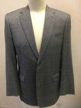 WOODY WILSON, Gray, Lt Blue, White, Wool, Polyester, Stripes - Pin, Single Breasted, Notched Lapel, 2 Buttons, 3 Pockets, Beige Diamond Patterned Lining