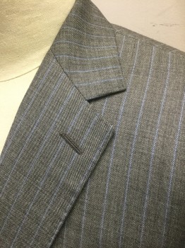 Mens, 1980s Vintage, Suit, Jacket, WOODY WILSON, Gray, Lt Blue, White, Wool, Polyester, Stripes - Pin, 42R, Single Breasted, Notched Lapel, 2 Buttons, 3 Pockets, Beige Diamond Patterned Lining