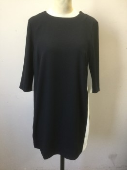 Womens, Dress, Long & 3/4 Sleeve, H&M, Black, White, Synthetic, Color Blocking, 6, Black Crepe, with White Panels at Sides/Underarms and Vertical Column Down Center Back, 3/4 Sleeves, Round Neck, Shift Dress, Hem Above Knee