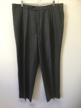 N/L, Dk Gray, Lt Gray, Red Burgundy, Wool, Stripes - Pin, Dark Gray with Light Gray and Burgundy Pinstripes, Double Pleated, Button Tab Waist, Zip Fly, 4 Pockets, Straight Leg