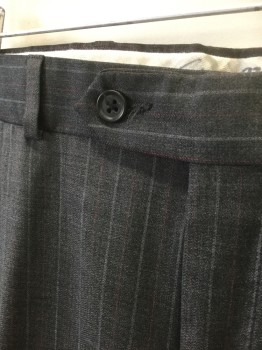 N/L, Dk Gray, Lt Gray, Red Burgundy, Wool, Stripes - Pin, Dark Gray with Light Gray and Burgundy Pinstripes, Double Pleated, Button Tab Waist, Zip Fly, 4 Pockets, Straight Leg