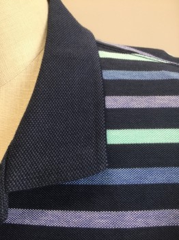 ST. JOHN'S BAY, Navy Blue, Aqua Blue, French Blue, Lt Blue, Cotton, Stripes - Horizontal , Navy with Aqua, French Blue, Light Blue Stripes, Pique, Short Sleeves, Solid Navy Collar, 2 Buttons at Center Front Neck