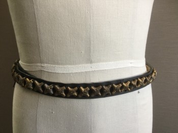 Unisex, Historical Fiction Belt, MTO, Black, Gold, Leather, Metallic/Metal, Long, 90", Made To Order, Gold Metal 'X' on Over Half of the Belt, Other Half Plain Leather