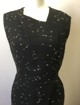 Womens, Dress, Sleeveless, PHILLIP LIM, Black, Ecru, Polyester, Wool, Speckled, Sz.4, Coarsely Woven with Irregular Ecru Specks, Asymmetric Square Neck, Hem Above Knee, Pleat at Side Front, Invisible Zipper in Back