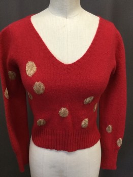 Womens, Pullover, CYSTOK, Red, Gold, Wool, Angora, Solid, Polka Dots, 2, V-neck, Cropped, Wide Rib Knit Waist, Gold Large Poka Dot Knit Embroidery