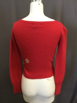 Womens, Pullover, CYSTOK, Red, Gold, Wool, Angora, Solid, Polka Dots, 2, V-neck, Cropped, Wide Rib Knit Waist, Gold Large Poka Dot Knit Embroidery
