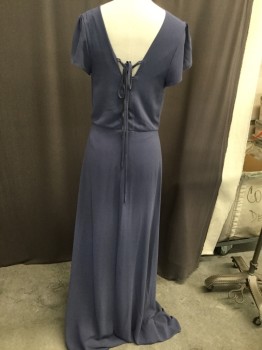Womens, Evening Gown, LULUS, Slate Blue, Polyester, Solid, B:32, S, W:26, Cross Over V-neck, Gathered Capsleeves, Slightly Gathered Waist, Faux Wrap Skirt, Lace Up Back