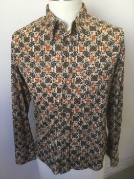 PAUL & JOE, Multi-color, Brown, Cream, Rust Orange, Ochre Brown-Yellow, Polyester, Geometric, Long Sleeve Button Front, Collar Attached, 1 Patch Pocket, Retro 70's Look,