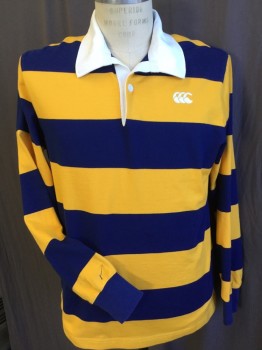 J.CREW CANTERBURY, Navy Blue, Goldenrod Yellow, White, Cotton, Polyester, Stripes - Horizontal , Solid White Collar Attached, 1 Button Front, Long Sleeves, 2" Side Split