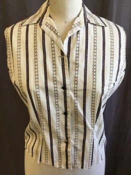 SURRY SOUTH FASHION, Cream, Brown, Khaki Brown, Cotton, Novelty Pattern, Stripes - Vertical , Cream with Brown Novelty & Khaki Chain Link Vertical Stripes, Collar Attached, Button Front, Sleeveless (missing 1 Brown Button at Top)
