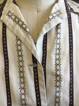 SURRY SOUTH FASHION, Cream, Brown, Khaki Brown, Cotton, Novelty Pattern, Stripes - Vertical , Cream with Brown Novelty & Khaki Chain Link Vertical Stripes, Collar Attached, Button Front, Sleeveless (missing 1 Brown Button at Top)