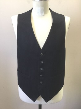 Mens, 1980s Vintage, Suit, Vest, CHRISTIAN DIOR, Navy Blue, Lt Gray, Lt Green, Red, Wool, Stripes - Pin, C: 42, 6 Buttons, 2 Pockets, Navy Silk Lining and Back with Repeating "Dior" Text Pattern,