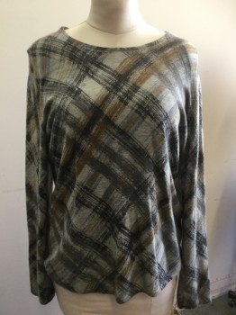 Womens, Pullover, ANNE KLEIN, Lt Gray, Tan Brown, Slate Blue, Gray, Cashmere, Plaid, 1X, Scoop Neck