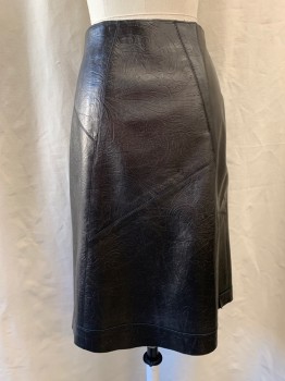 Womens, Skirt, Knee Length, POLECI, Black, Leather, Floral, 8, Self Floral Pattern, Off Center Snap Front