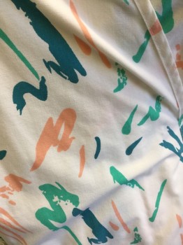 Womens, Nurse, Top/Smock, ANGELICA, White, Peach Orange, Teal Green, Green, Poly/Cotton, Novelty Pattern, M, 80's Squiggle Pattern on White, Crossover Front, Attached Self Belt with Side Tie, Short Sleeves Gathered at Inset, Pleated Panel at Shoulder, 2 Pockets