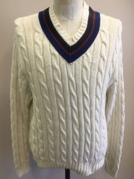 Mens, Pullover Sweater, POLO RALPH LAUREN, Ivory White, Black, Wine Red, Dk Blue, Cotton, Cable Knit, Stripes, 40, Large, V-neck, Heavy Weight Cotton
