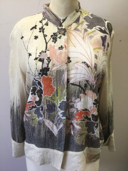 Womens, Blouse, CITRON, Multi-color, Beige, Gray, Orange, Black, Silk, Polyester, Floral, Abstract , M, Floral Jacquard, Mandarin C.A., B.F. W/Hidden Placket, Black Vertical Panel At CB, L/S, Folded Back Cuffs