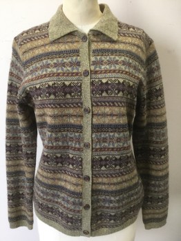 RALPH LAUREN, Taupe, Red Burgundy, Lt Brown, Gray, Dusty Lavender, Wool, Fair Isle, Horizontal Fairaisle Pattern Stripes, Knit, Long Sleeves, Solid Taupe Collar Attached and Trim on Button Placket/Hem/Cuffs, 6 Button Front