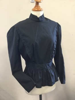 N/L, Black, Poly/Cotton, Solid, Poly Cotton Blouse Collar Band, Blouse Gathered at Waist with Gathered Peplum, Button Closure Center Back,