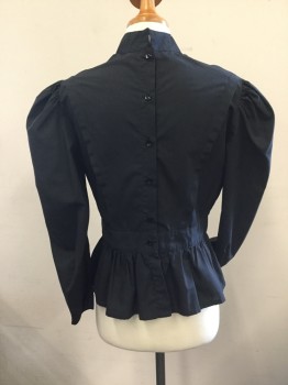 N/L, Black, Poly/Cotton, Solid, Poly Cotton Blouse Collar Band, Blouse Gathered at Waist with Gathered Peplum, Button Closure Center Back,