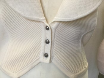 Womens, Vest, CLUB M, Ivory White, Wool, Solid, Stripes, S, 3 Pewter Round Buttons,  Rib Knit Fronts, Shawl Collar, Doubles, Retro 1930s