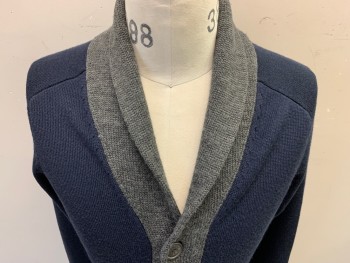 Mens, Cardigan Sweater, FRENCH CONNECTION, Navy Blue, Dk Gray, Wool, Solid, M, Long Sleeves, V-neck, Shawl Collar, 2 Pockets, Navy with Gray Trim