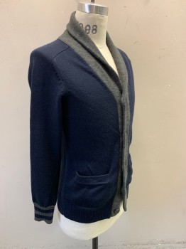 Mens, Cardigan Sweater, FRENCH CONNECTION, Navy Blue, Dk Gray, Wool, Solid, M, Long Sleeves, V-neck, Shawl Collar, 2 Pockets, Navy with Gray Trim