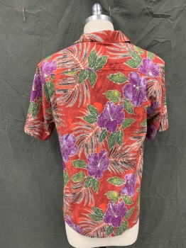 Mens, Hawaiian Shirt, TOMMY BAHAMA, Red, Purple, Green, White, Black, Cotton, Polyester, Floral, S, Button Front, Collar Attached, Short Sleeves, 1 Pocket