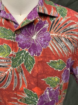 Mens, Hawaiian Shirt, TOMMY BAHAMA, Red, Purple, Green, White, Black, Cotton, Polyester, Floral, S, Button Front, Collar Attached, Short Sleeves, 1 Pocket