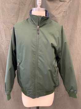 Mens, Casual Jacket, ORVIS, Dk Green, Polyester, Solid, M, Zip Front, Stand Collar, 2 Zip Pockets, Raglan Long Sleeves, Ribbed Knit Waistband/Cuff, Navy Fleece Lining