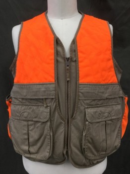 Mens, Wilderness Vest, CABELA'S, Brown, Neon Orange, Cotton, Color Blocking, L, Neon Orange Top Front and Back Yoke, Back Lower, Zip Front, V-neck, Double Layer with Side/Back Pouch, Hunting and Fishing