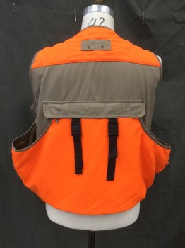 Mens, Wilderness Vest, CABELA'S, Brown, Neon Orange, Cotton, Color Blocking, L, Neon Orange Top Front and Back Yoke, Back Lower, Zip Front, V-neck, Double Layer with Side/Back Pouch, Hunting and Fishing