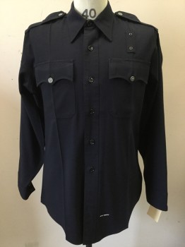 FLYING CROSS, Midnight Blue, Polyester, Solid, Long Sleeve Faux Button Front, Zip Front, Collar Attached,  Epaulets, 2 Pockets