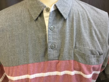 KNIGHTS BRIDGE, Heather Gray, Dusty Red, Off White, Cotton, Polyester, Stripes - Horizontal , 2 Color Weave, Polo Style, Heather Gray/white Micro Woven, Red/white Micro Woven and Off White Panel Horizontal Stripes, Collar Attached, Ribbed Knit Heather Gray Short Sleeves Cuffs & Hem, 1 Pocket