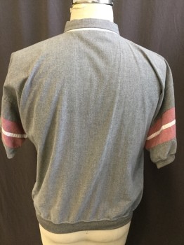 KNIGHTS BRIDGE, Heather Gray, Dusty Red, Off White, Cotton, Polyester, Stripes - Horizontal , 2 Color Weave, Polo Style, Heather Gray/white Micro Woven, Red/white Micro Woven and Off White Panel Horizontal Stripes, Collar Attached, Ribbed Knit Heather Gray Short Sleeves Cuffs & Hem, 1 Pocket