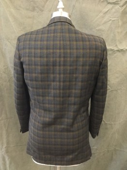 EAGLE CLOTHES, Charcoal Gray, Brown, Black, Wool, Plaid, Grid , Charcoal/Black/Brown Plaid with Brown Grid Overlay, Single Breasted, Collar Attached, Notched Lapel, 3 Pockets, 3 Buttons