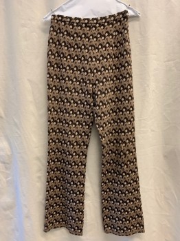 Womens, 1970s Vintage, Piece 2, N/L, Dk Brown, Lt Brown, Cream, Wool, Geometric, W 25, Pants with Egg-like Abstract Pattern with Circles, Elastic Waist, Zip Front *hole/run in Front on Left Side Near Waistband with Mend Attempt, Rip in Crotch Already Mended*