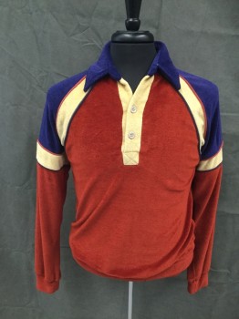 LAX, Navy Blue, Tan Brown, Burnt Orange, Cotton, Color Blocking, Velour, Raglan Long Sleeves, Navy Collar Attached, Navy Shoulders, Body Burnt Orange, Orange and Navy Piping, 2 Button Placket, Self Waistband and Cuff, Late 1970'S- Early 1980'S