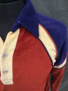 LAX, Navy Blue, Tan Brown, Burnt Orange, Cotton, Color Blocking, Velour, Raglan Long Sleeves, Navy Collar Attached, Navy Shoulders, Body Burnt Orange, Orange and Navy Piping, 2 Button Placket, Self Waistband and Cuff, Late 1970'S- Early 1980'S