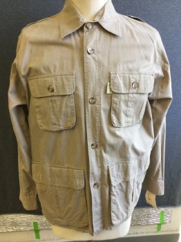 TAG, Tan Brown, Cotton, Solid, Long Sleeves, Button Front, Collar Attached, Epaulets, 4 Cargo Pockets