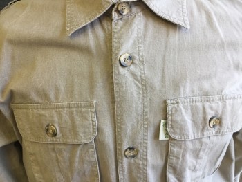 TAG, Tan Brown, Cotton, Solid, Long Sleeves, Button Front, Collar Attached, Epaulets, 4 Cargo Pockets