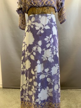 MTO, Lavender Purple, Dusty Lavender, Antique Gold Metallic, Silk, Beaded, Floral, Cut Velvet, Full Length, Gold Beading Swirling Over Pattern, All Over Top and Hem, 2" Gold Metal Floral Pattern  Ribbon Across Empire Waist , Hook and Eye Back, Small Rust Stains on Front.