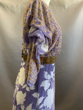 MTO, Lavender Purple, Dusty Lavender, Antique Gold Metallic, Silk, Beaded, Floral, Cut Velvet, Full Length, Gold Beading Swirling Over Pattern, All Over Top and Hem, 2" Gold Metal Floral Pattern  Ribbon Across Empire Waist , Hook and Eye Back, Small Rust Stains on Front.
